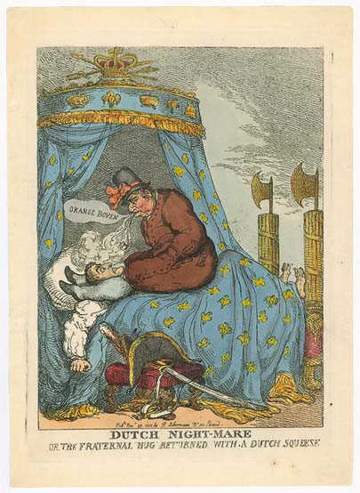 Abb. 4: Thomas Rowlandson: Dutch Night-Mare or the Fraternal Hug Returned with a Dutch Squeeze, 29. November 1813, Radierung, 30,9 x 23 cm, Wilhelm Busch – Museum für Karikatur und Zeichenkunst