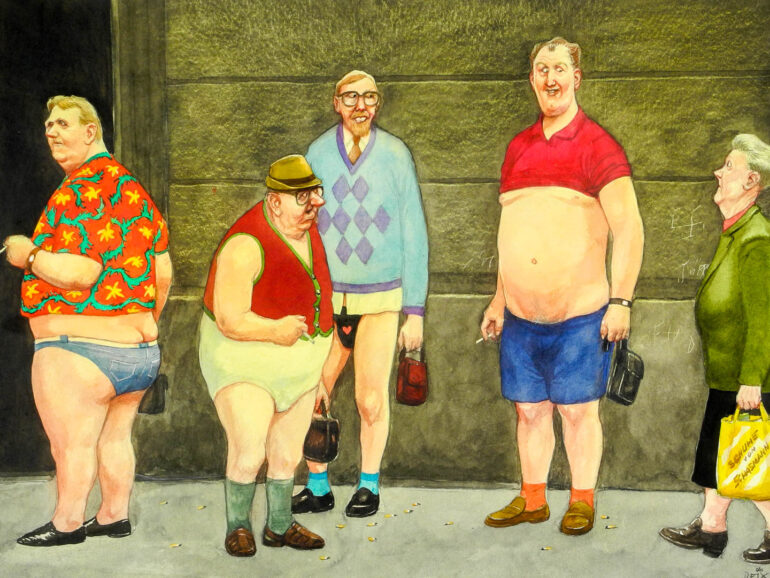 Manfred Deix (*1949–2016): „Männliche Prostitution nimmt zu.“ Ohne Datierung. Wilhelm Busch – Deutsches Museum für Karikatur und Zeichenkunst
