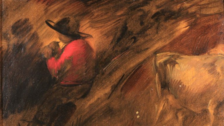 Hütejunge an einem Weidenstamm mit Kuh, um 1880