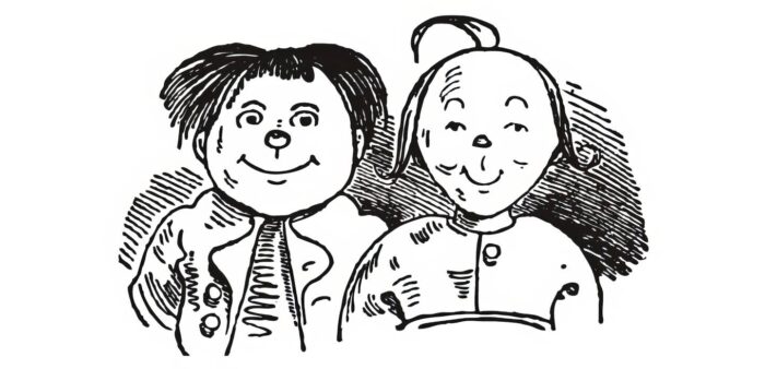 Max und Moritz sitzen auf einem Zaun, Titelvignette zu Wilhelm Buschs Bildergeschichte