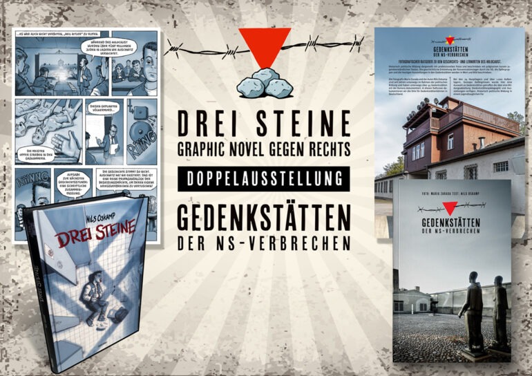 Plakatmotiv der Doppelausstellung: Comicseiten und das Cover der Graphic Novel „Drei Steine“ von Nils Oskamp, daneben das Begleitheft „Gedenkstätten der NS-Verbrechen“ mit dem Foto einer Gedenkstätte.